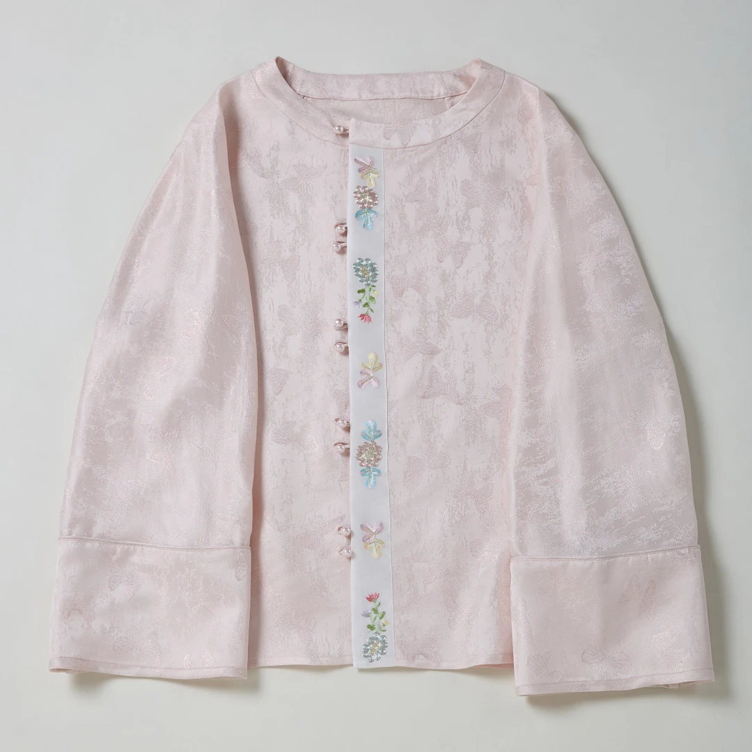 彩通正绢拼接手工刺绣宽松粉色2025年春夏新款真丝织金新中式上衣