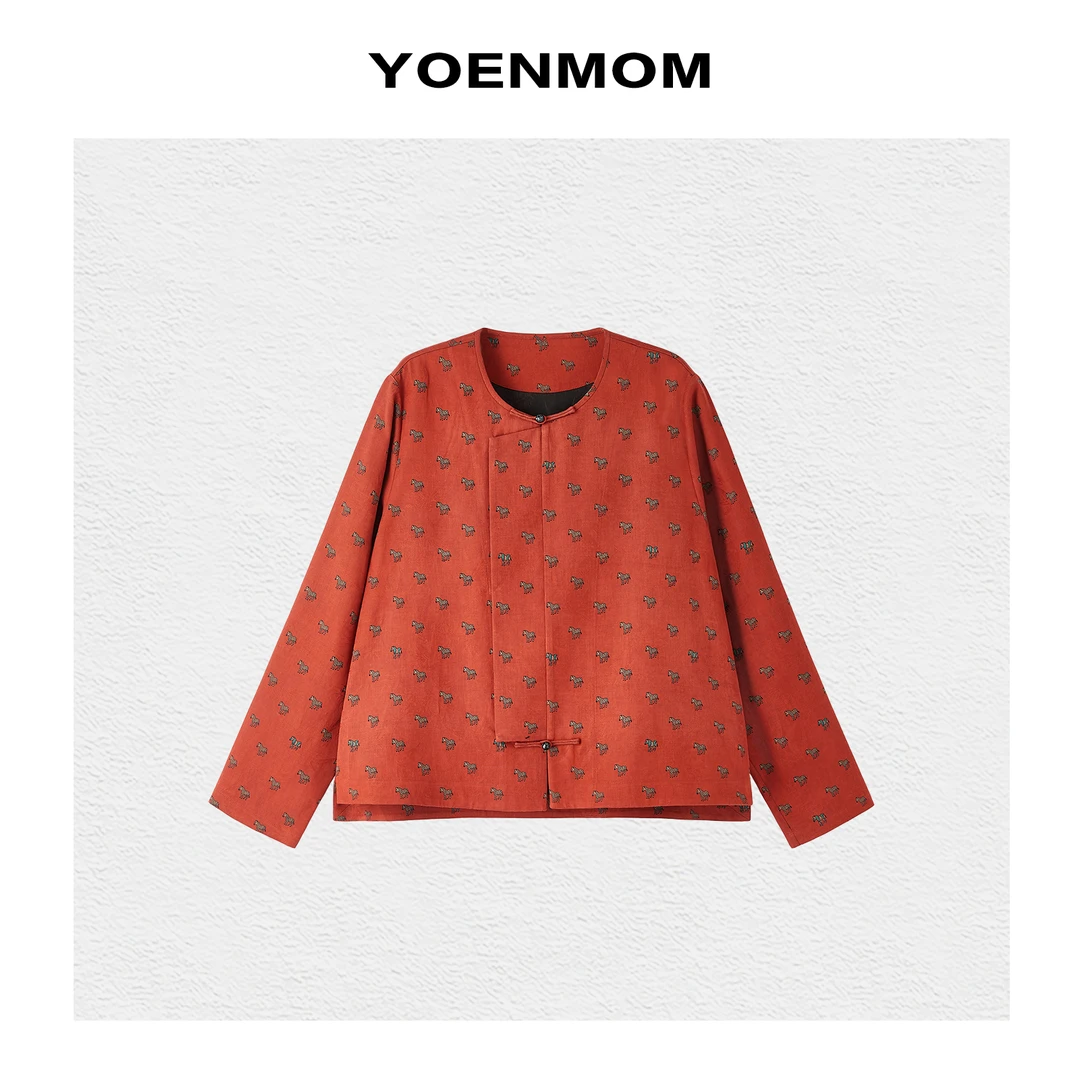 YOENMOM·小斑马·100桑蚕丝绢丝花绸香云纱大漆扣国风琵琶襟上衣