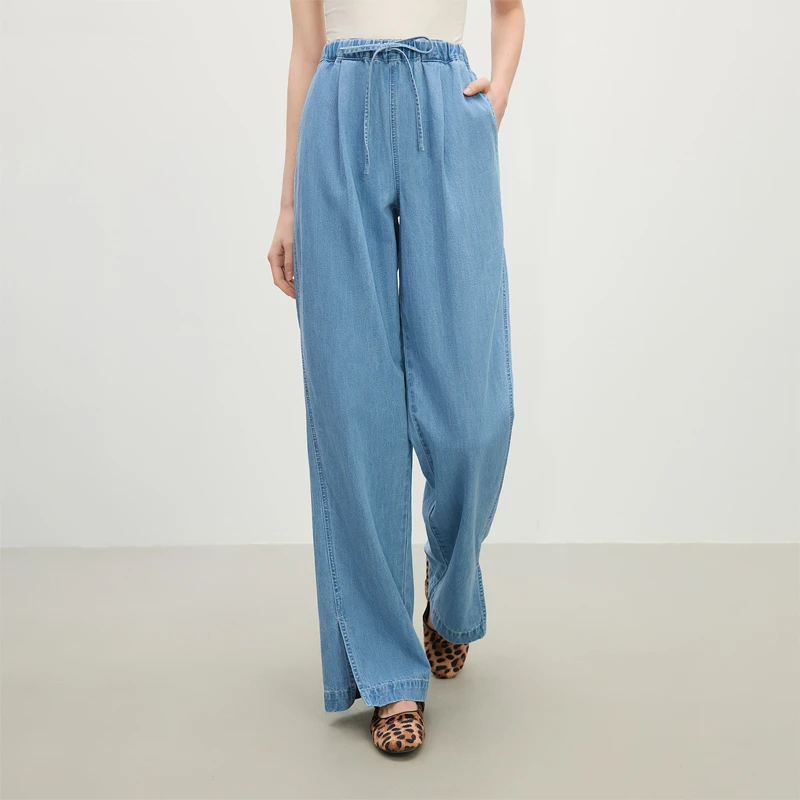 范思蓝恩薄款松紧腰头2025夏季新款宽松直筒拖地牛仔裤25FS12522