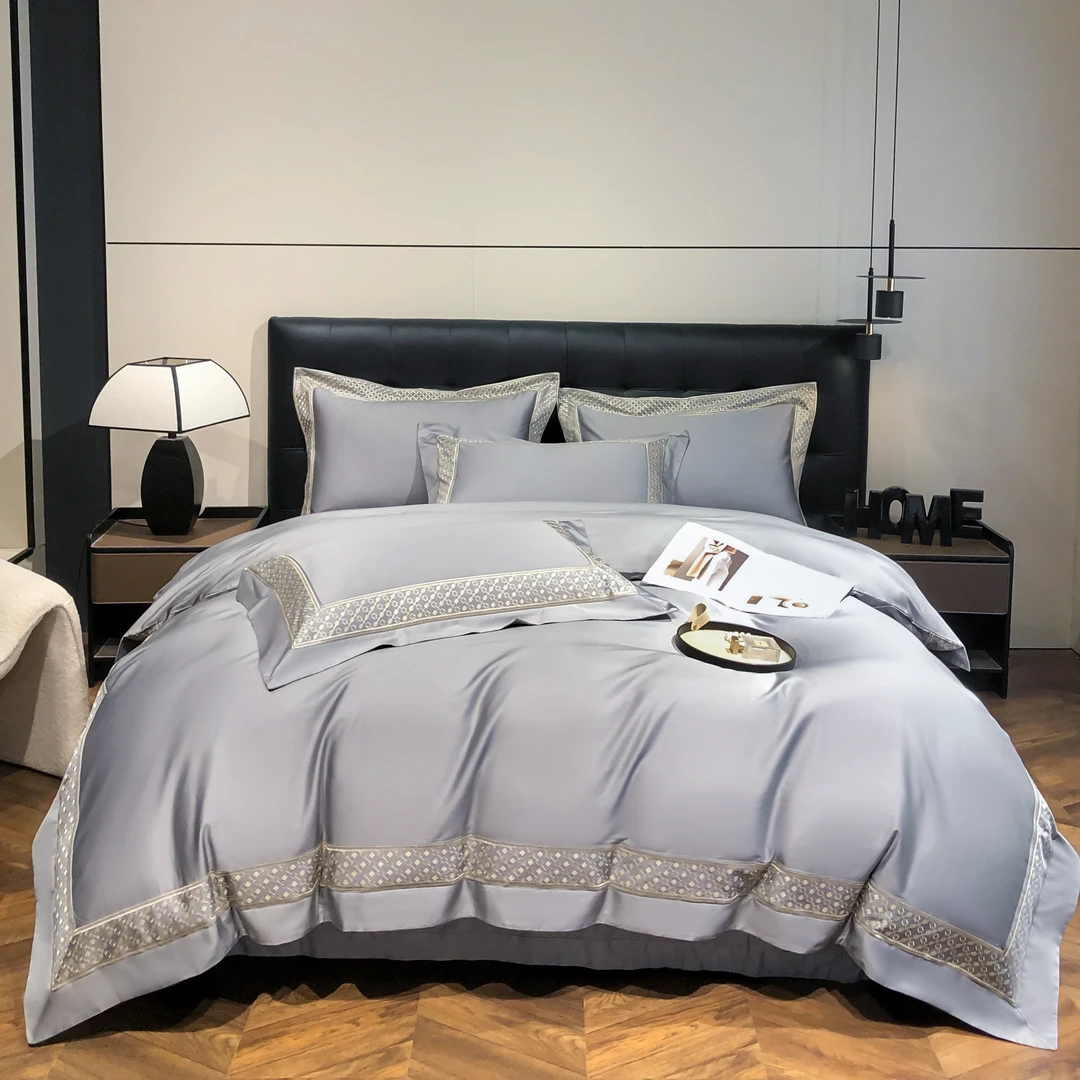 【专柜断码】超柔轻奢风云边提花纯棉四件套-丽迪雅-浅灰