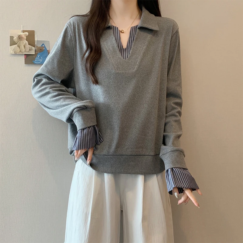 撞色假两件翻领长袖t恤女秋季大码胖mm显瘦遮肚子打底衫叠穿上衣