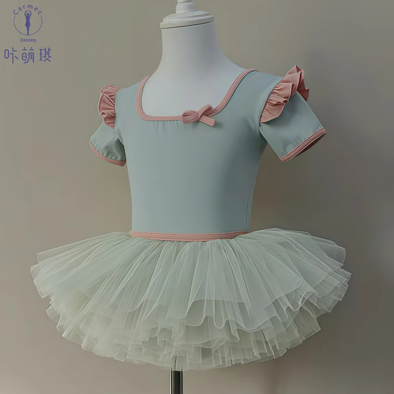 25104儿童舞蹈服公主风甜美方领短袖体服+纱裙套装