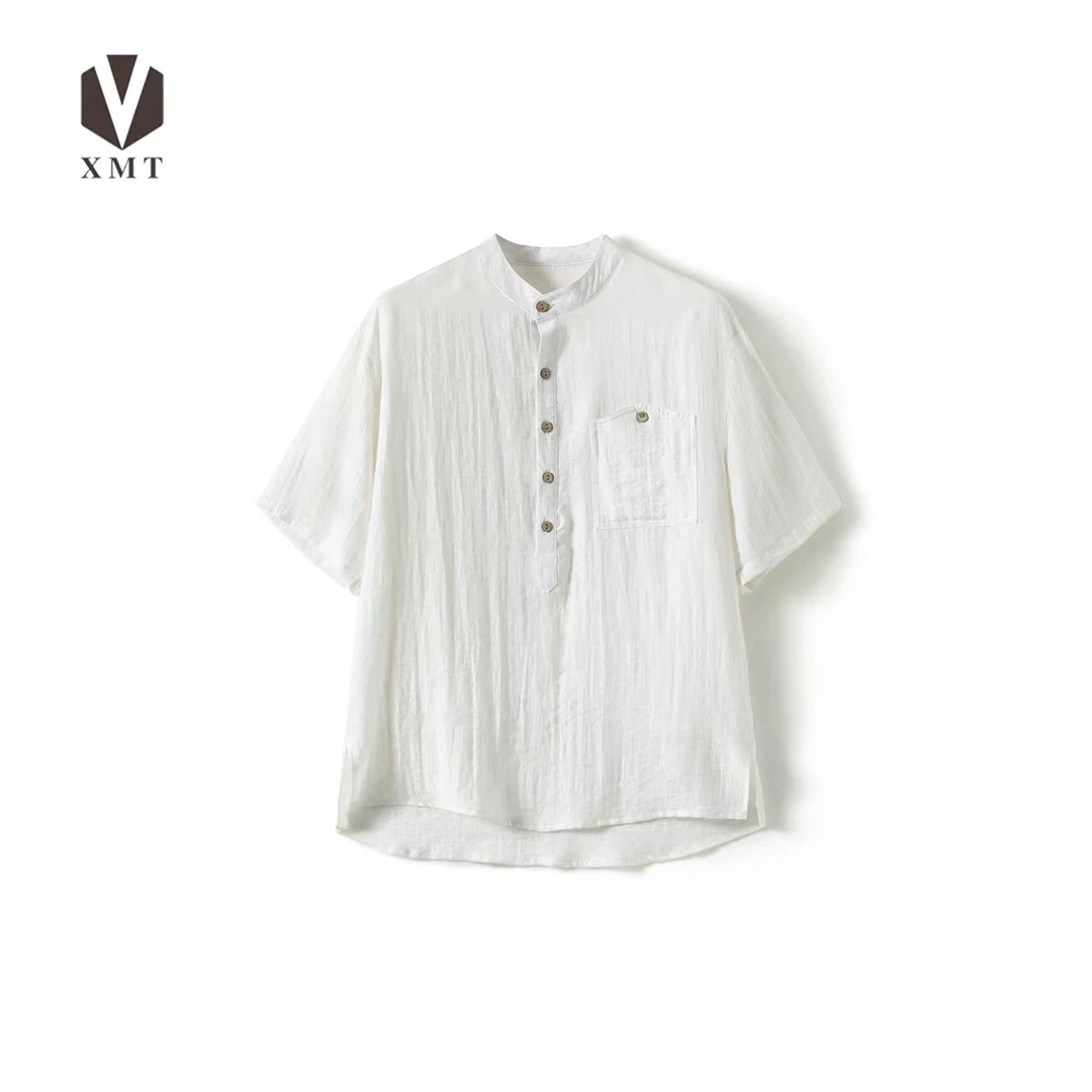 XMT原创男装棉麻亚麻短袖衬衫男夏季复古亨利领宽松休闲衬衣M7769