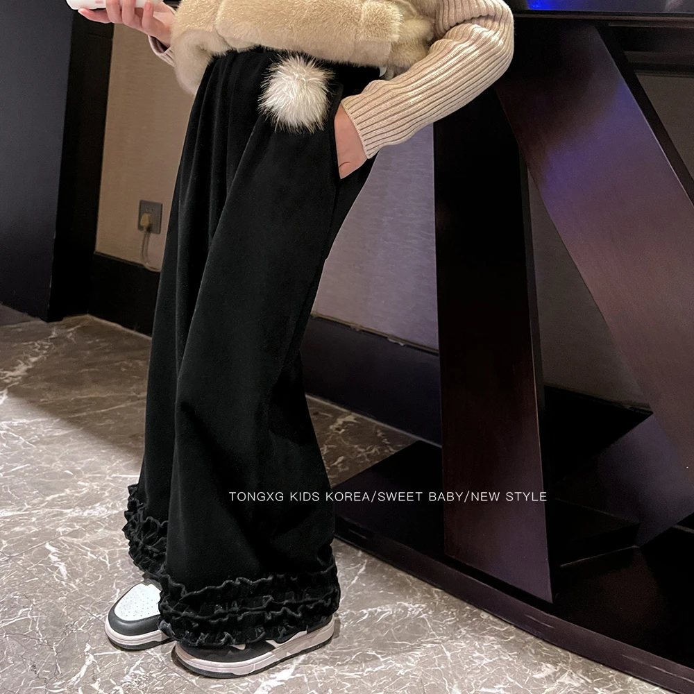 潼小乖定制女童中大童休闲裤子丝绒裤加厚花边直筒裤5k040