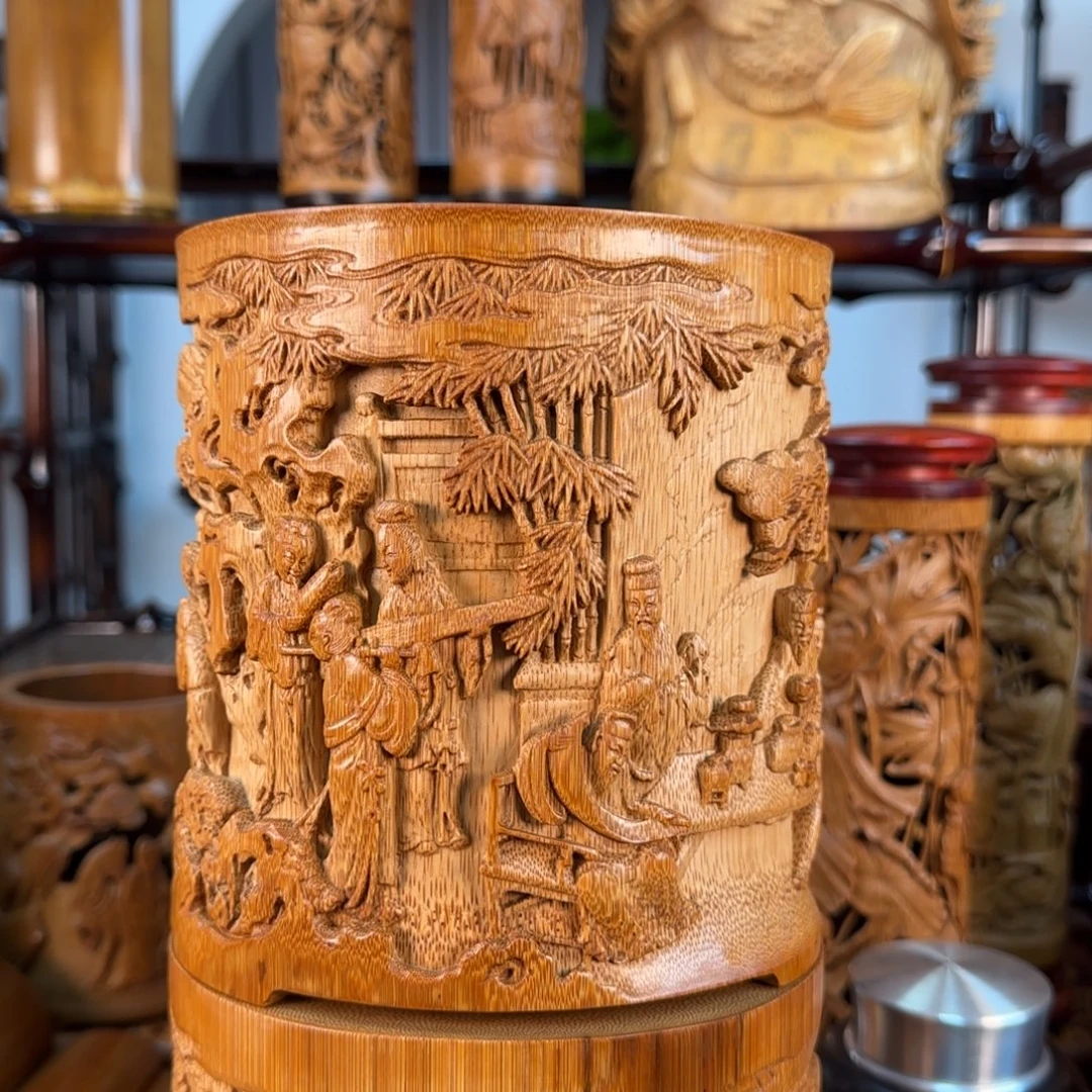 西***熔夜宴图竹雕笔筒手工竹雕