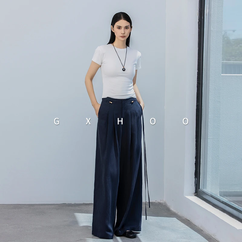 GXHOO系带阔腿裤女春秋新款高腰宽松双褶裥垂坠感拖地休闲裤子