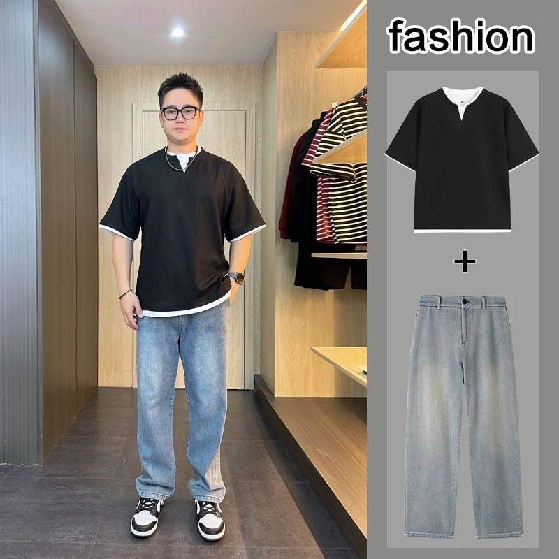 夏季男士短袖T恤韩版宽松假两件胖人百搭半袖港风潮6601