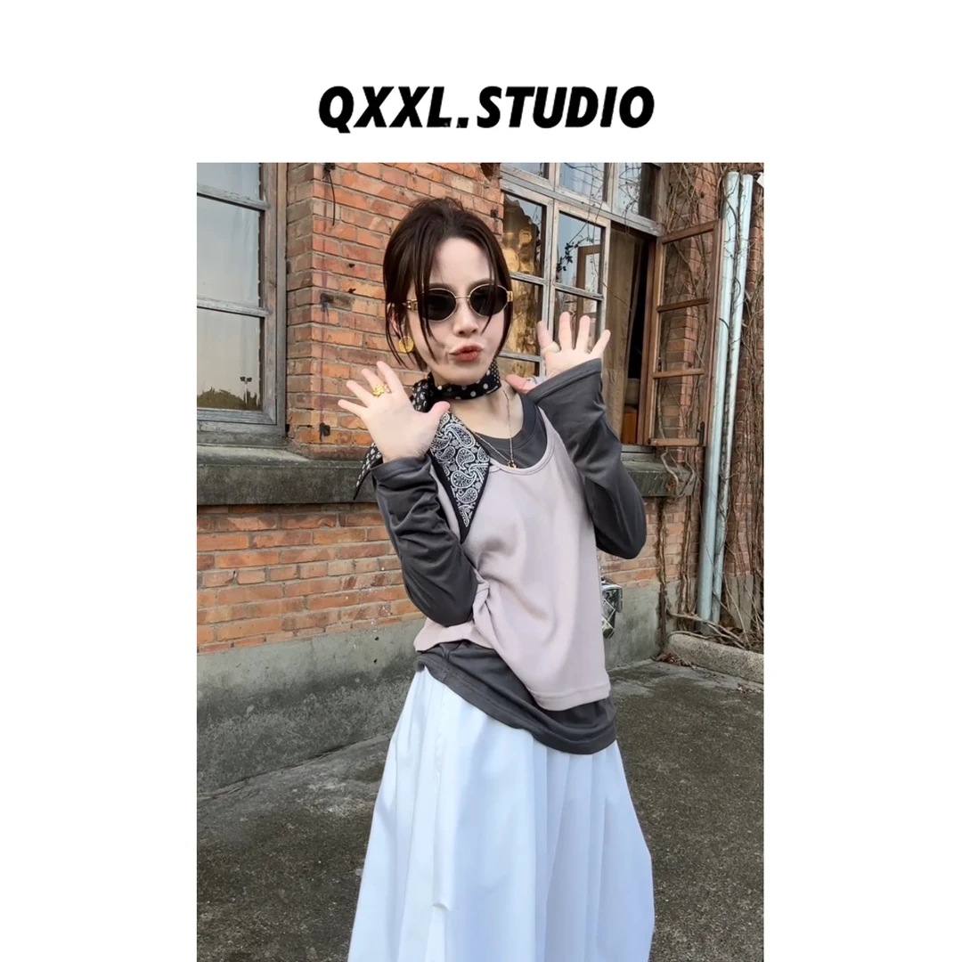 邱小小丽呀 春季新款简约圆领显瘦女长袖T恤两件套百搭上衣