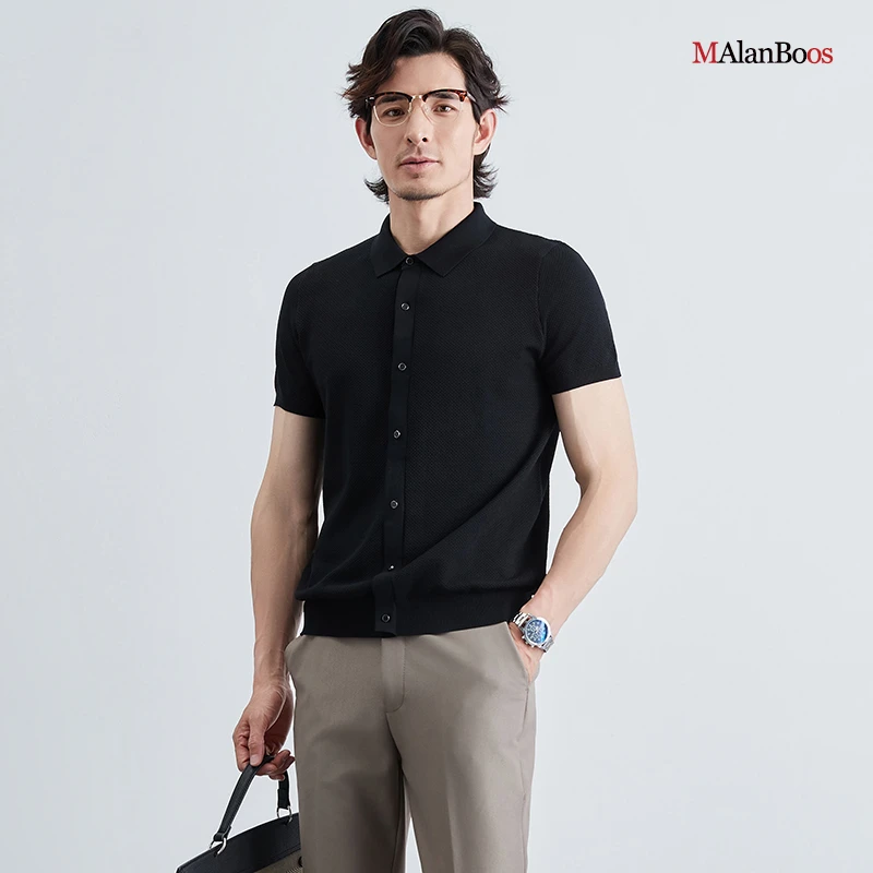 【简约套头设计】MAlanBoos男士夏季2025款纯色菠萝针透气时尚短袖