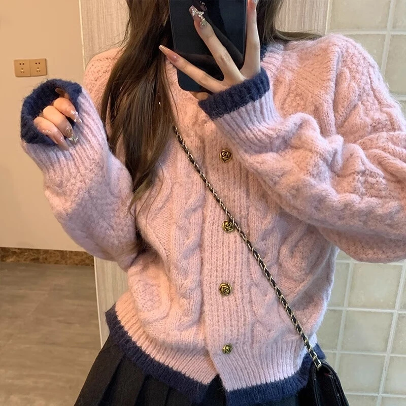 春秋粉色温柔复古麻花毛衣女开衫软糯撞色慵懒针织外套上衣