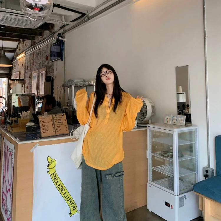 慵懒风橘色条纹长袖T恤女夏季微透薄款休闲防晒罩衫宽松百搭上衣