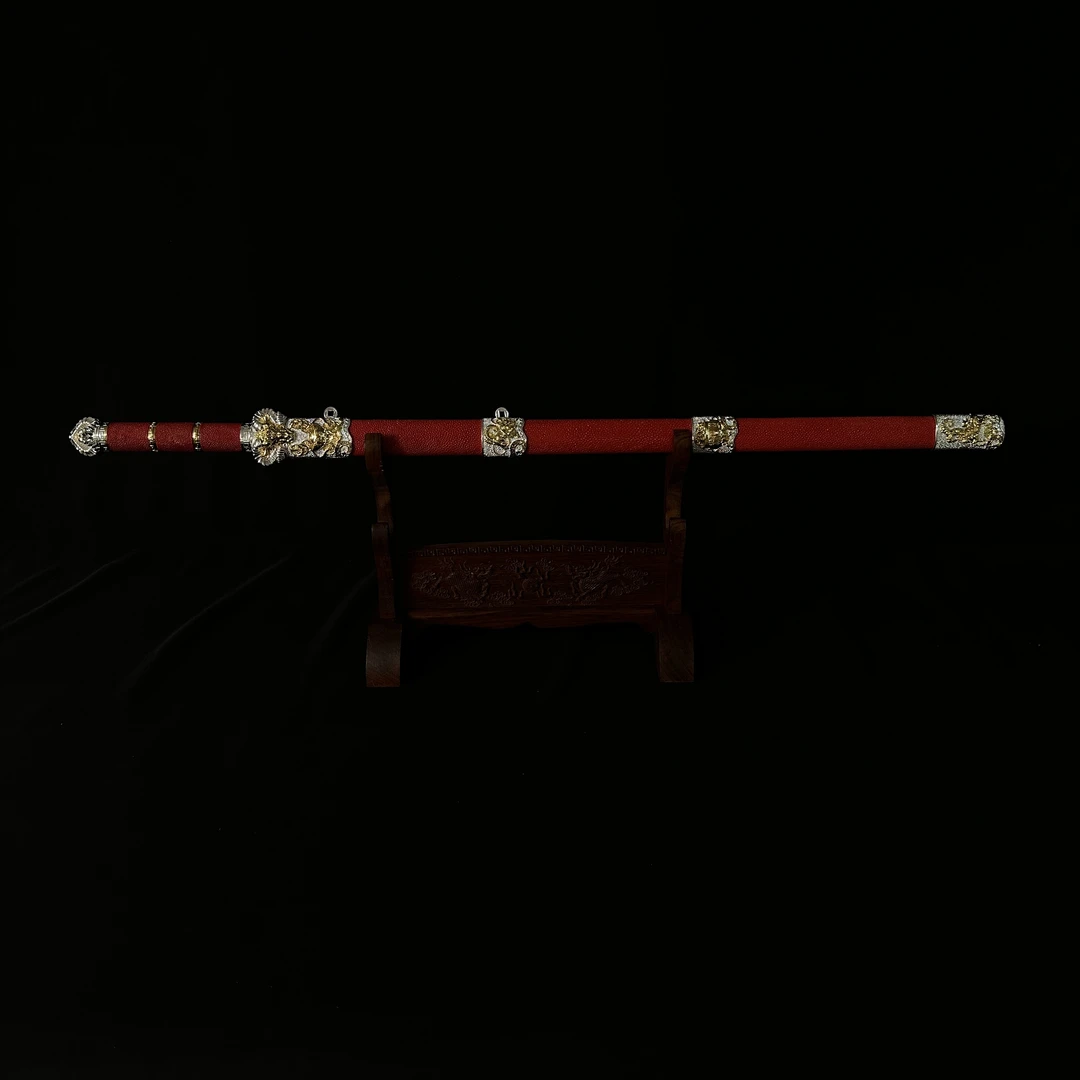 龙泉凛锋阁 三阳开泰剑 陨铁高山纹 双色鎏金银 鱼皮 宝剑不开刃