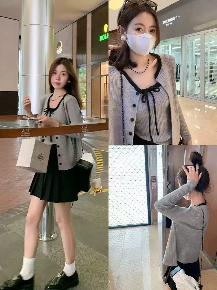 时尚套装纯欲风针织开衫款女法式长袖毛衣短款洋气显瘦外搭三件套