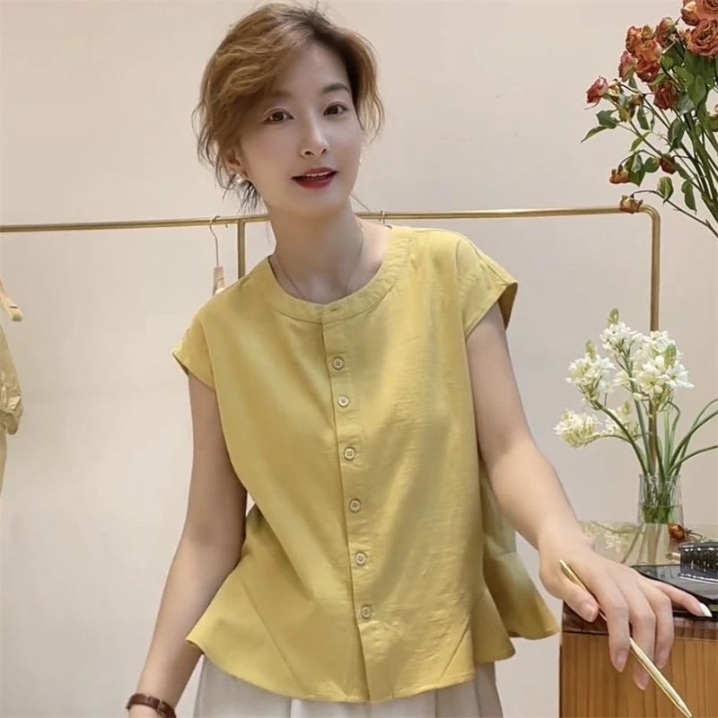 2025夏季新款圆领单排扣荷叶边衬衫女洋气百搭小衫上衣时髦衬衣潮