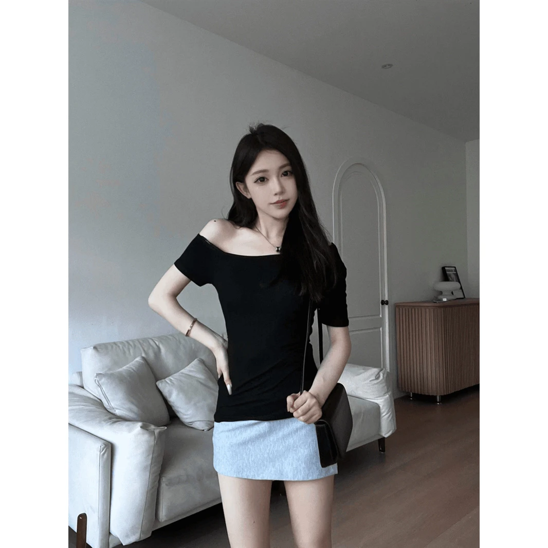 新款修身短袖夏季T恤纯色女性露肩上衣欲一字肩白色黑色深蓝SMLXL