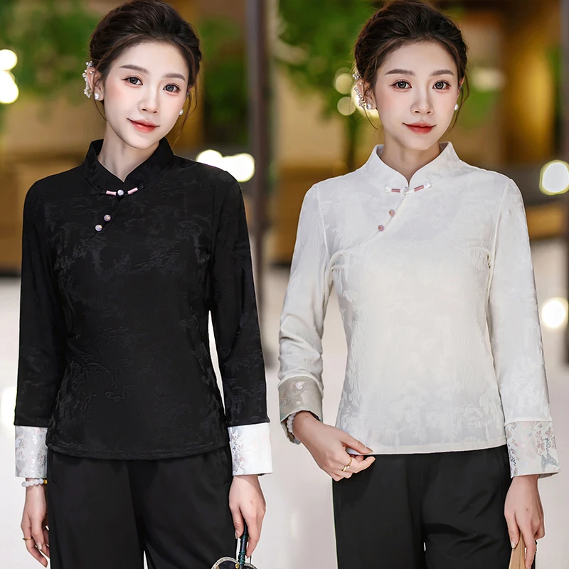 新中式国风上衣2025秋装新款旗袍洋气纯色小衫遮肚子显瘦长袖上衣