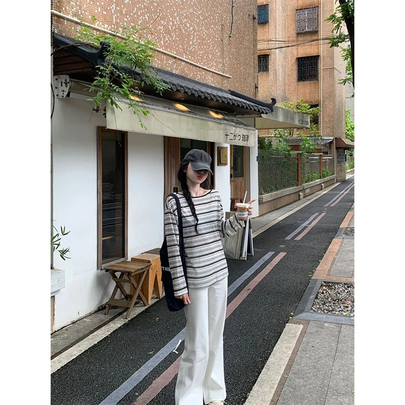 时尚炸街套装休闲百搭洋气设计感条纹长袖T恤上衣高腰直筒阔腿裤