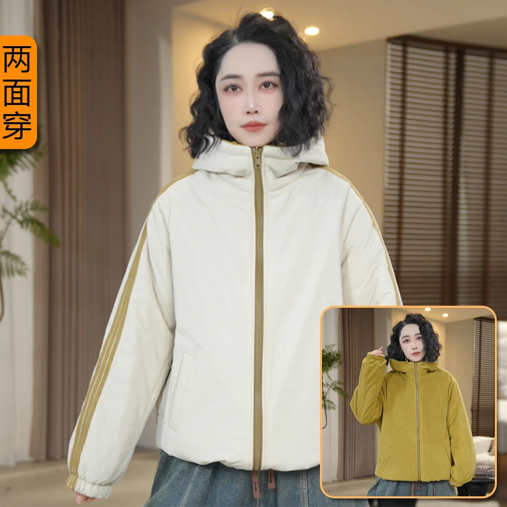 CC-4 加绒两面穿冬季新款连帽棉服简约宽松休闲百搭棉衣外套