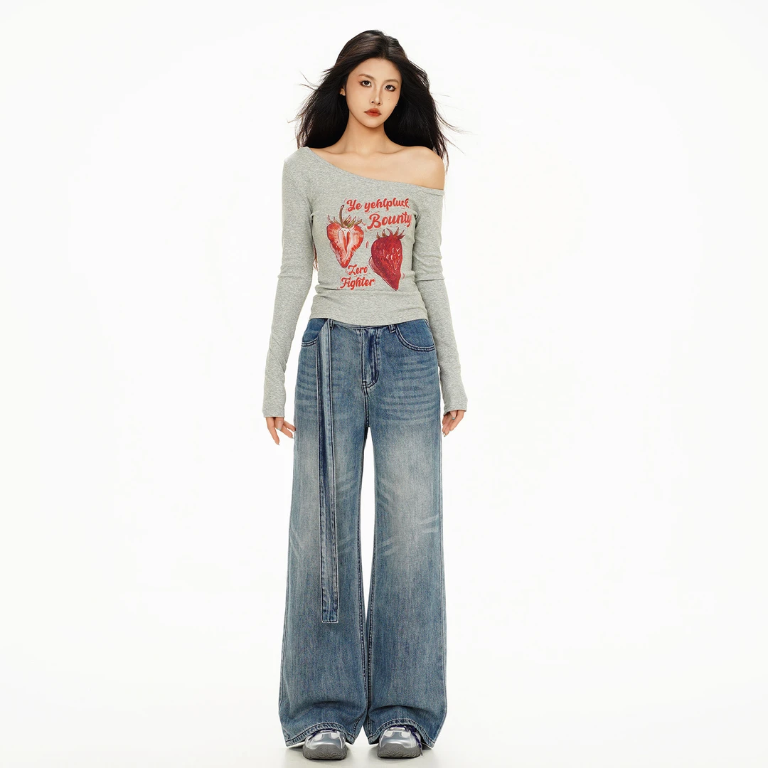 飘带牛仔裤女感高腰显瘦水洗直筒宽松阔腿韩版轻奢牛仔裤小个子