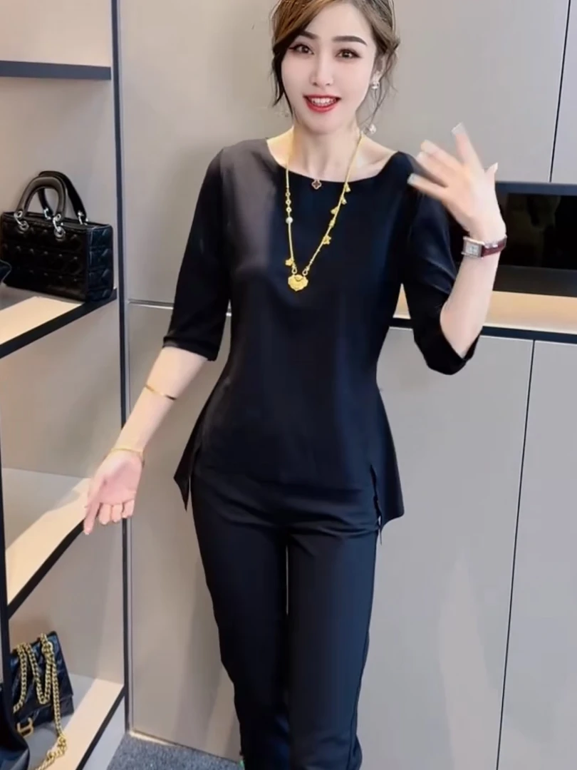 春夏新款纯色净版圆领休闲底边开衩前短后长收腰显瘦七分袖小衫