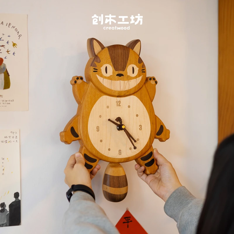 猫巴士挂钟/实木摆钟可爱客厅墙面装饰ins奶油风创意儿童房时钟
