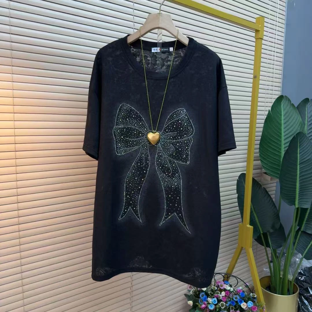 胖妹妹时尚休闲烫钻减龄百搭韩版轻奢气质2551春夏宽松潮流半袖