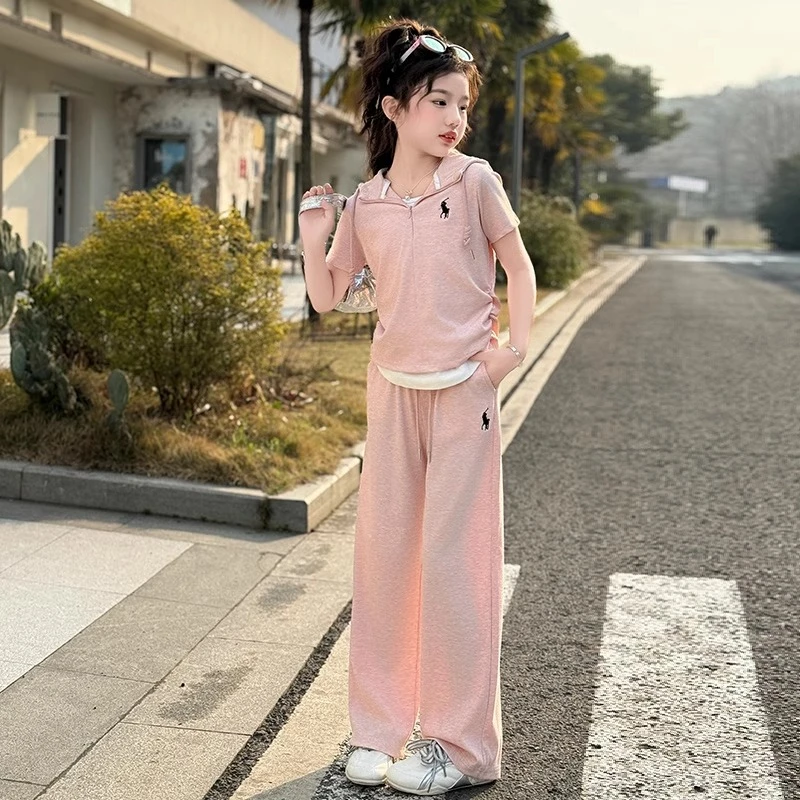 女童夏季套装2025新款洋气女大童夏装休闲连帽短袖儿童薄款阔腿裤