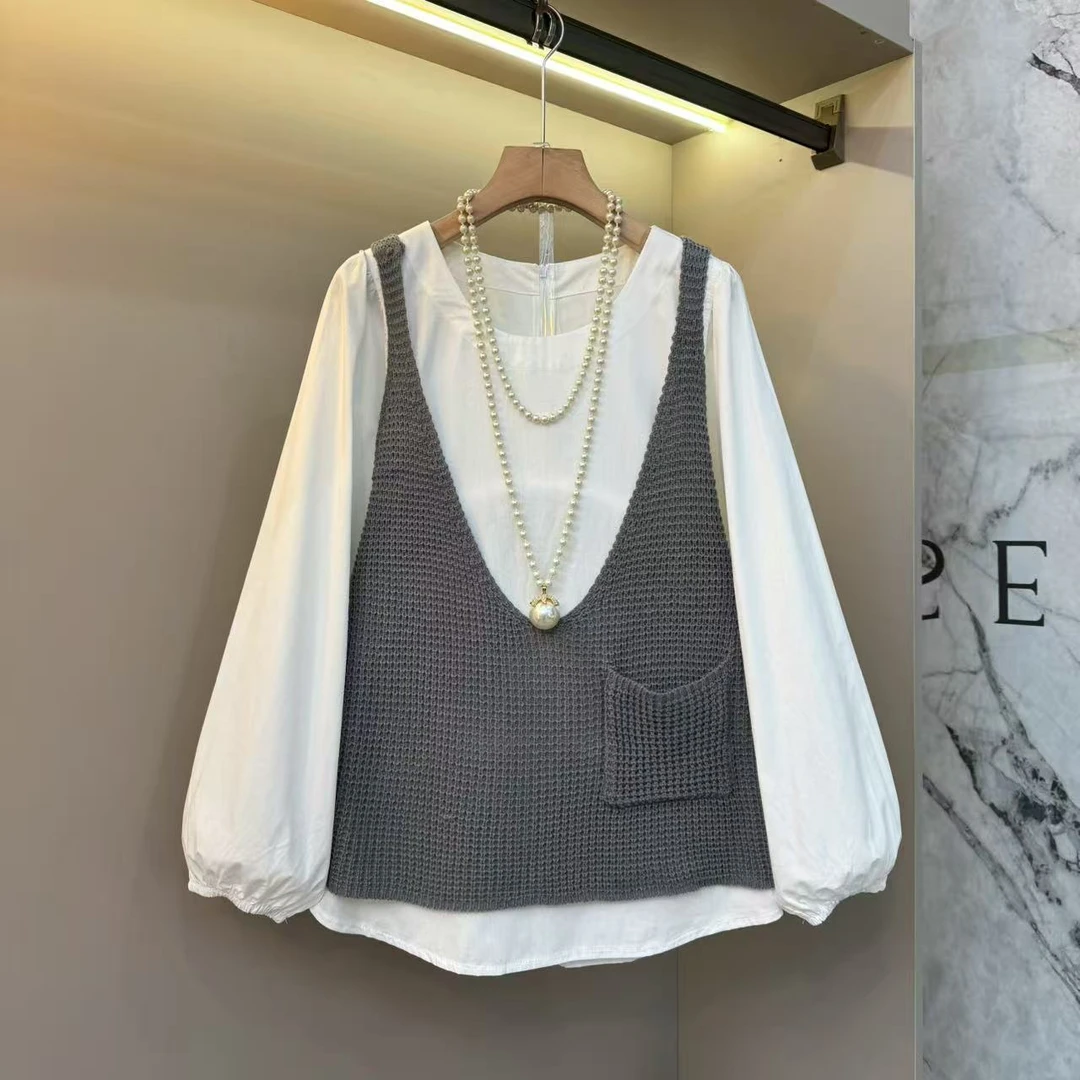 早秋减龄洋气2025大码女装圆领灯笼袖衬衫针织背带马甲两件套8599