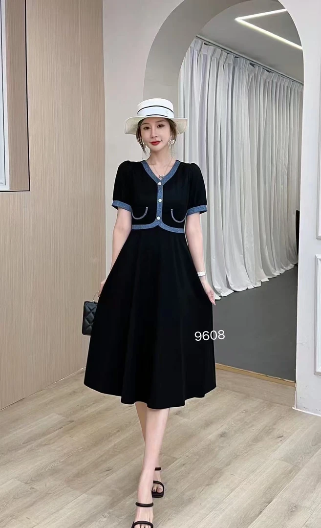 大码女装39608夏新mm时尚小香风v领假两件撞色拼接显瘦连衣裙