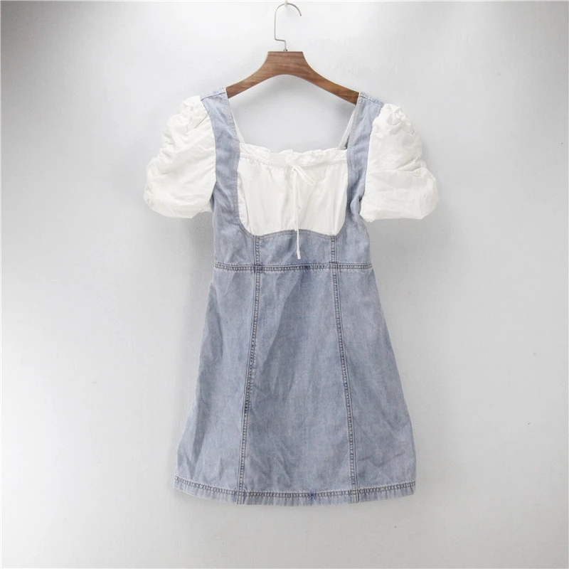 町家剪标春夏简约拼接花边休闲甜美收腰A字连衣裙C1FAC2313