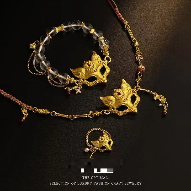 铜合金吊坠 铜合金复古狐狸面具点彩碎钻流苏套链时尚精美镶嵌