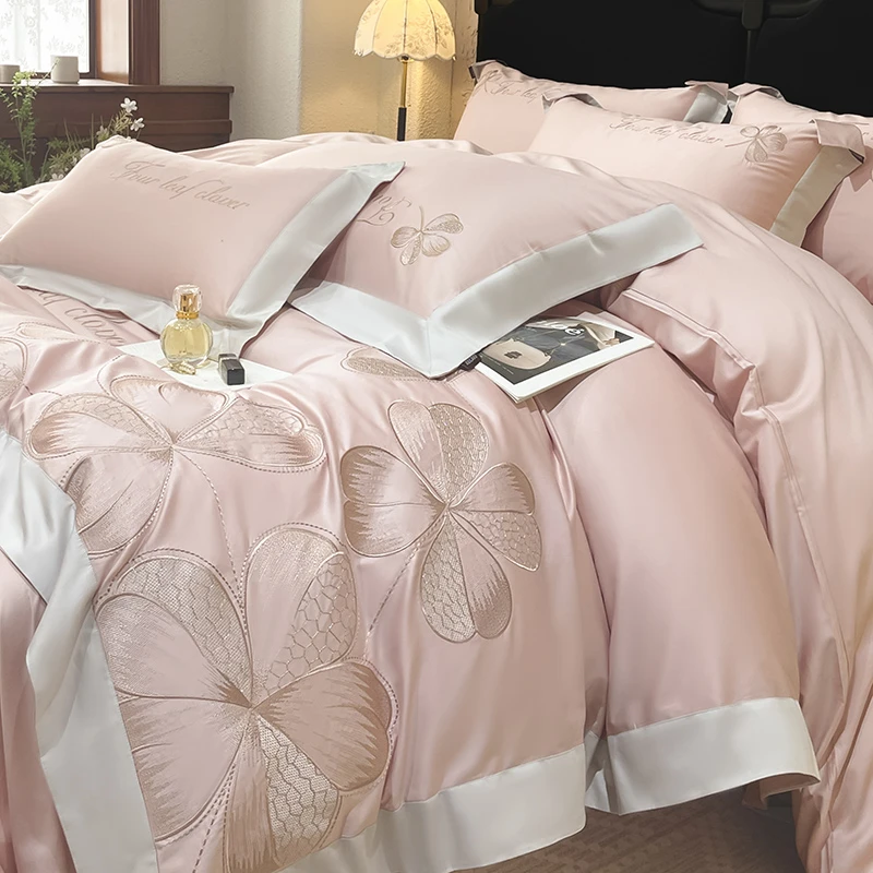 高级感A类全棉四件套轻奢裸睡纯棉花卉刺绣被套床单床笠四季床品4