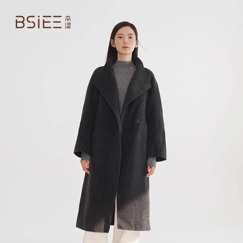 BSIEE/本涩立领长大衣新品气质高级感宽松毛呢外套女