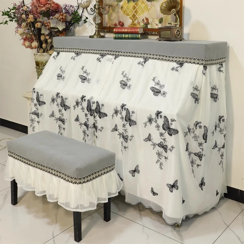 简约风蝴蝶钢琴罩防尘全罩防潮防尘琴凳罩蕾丝现代轻奢高级感全罩