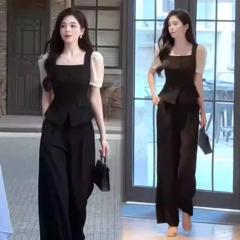 时尚套装女2025夏季新款今年流行设计感短款上衣显瘦阔腿裤两件套