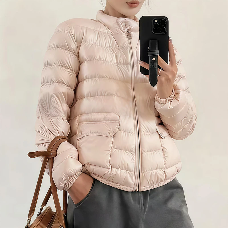 SHALLDOER【蜜桃佳丽】立领设计棉衣女秋冬纹理双口袋气质保暖棉服