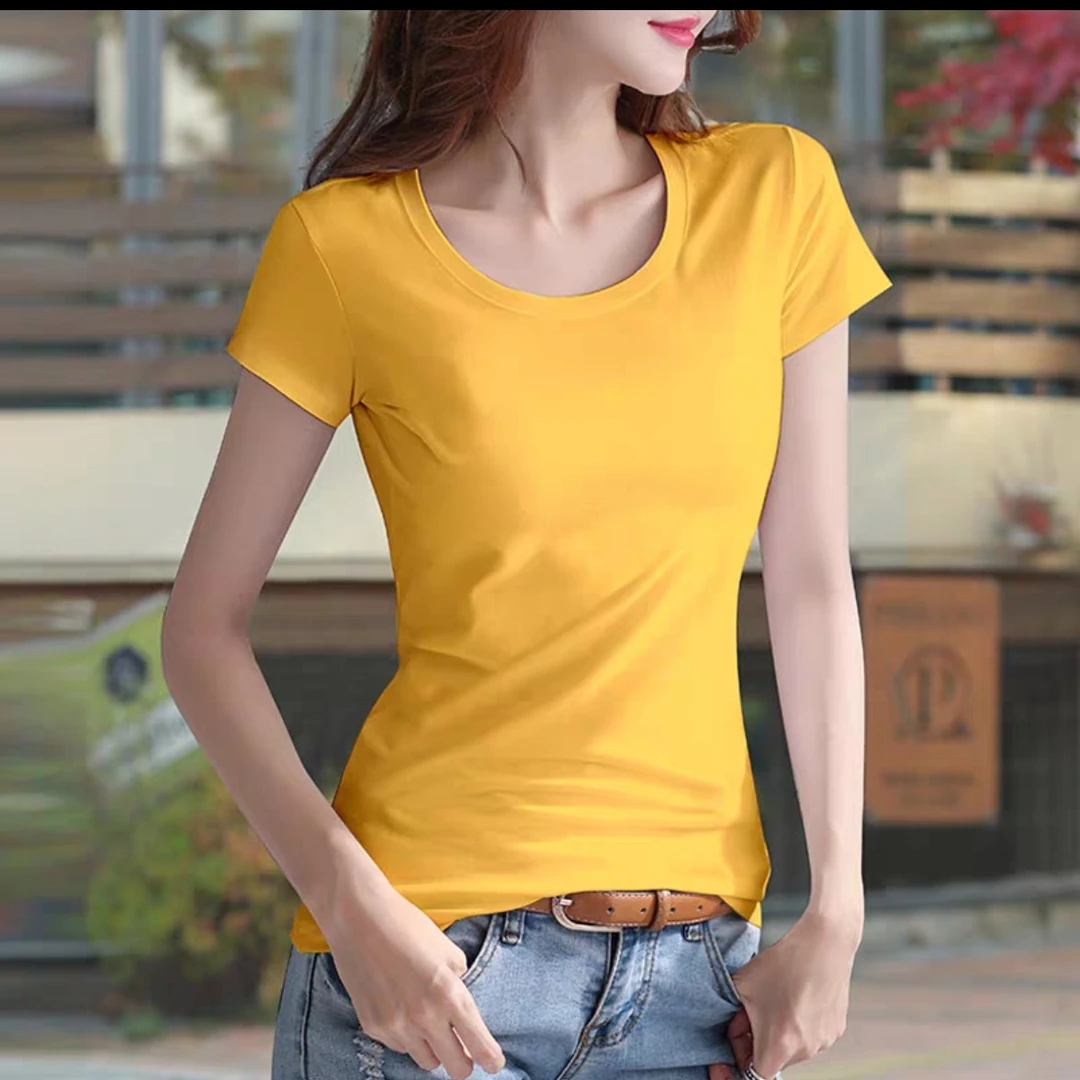 01黄色U领多巴胺正肩短袖T恤女2025夏季简约修身显瘦短款上衣