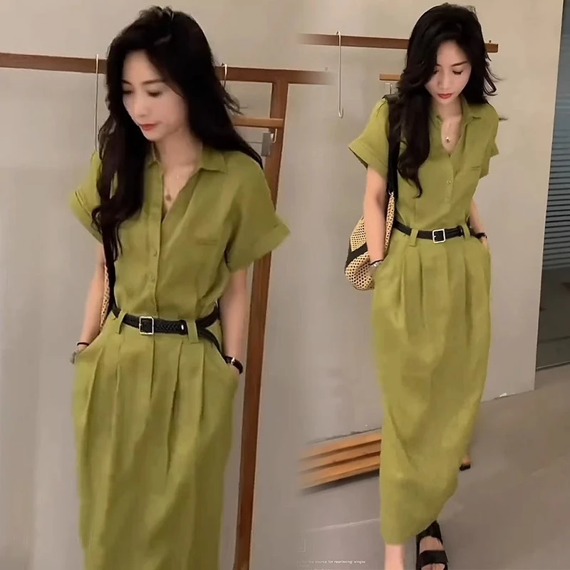 时尚连衣裙女2025夏季新款洋气质中长款收腰显瘦休闲减龄过膝长裙