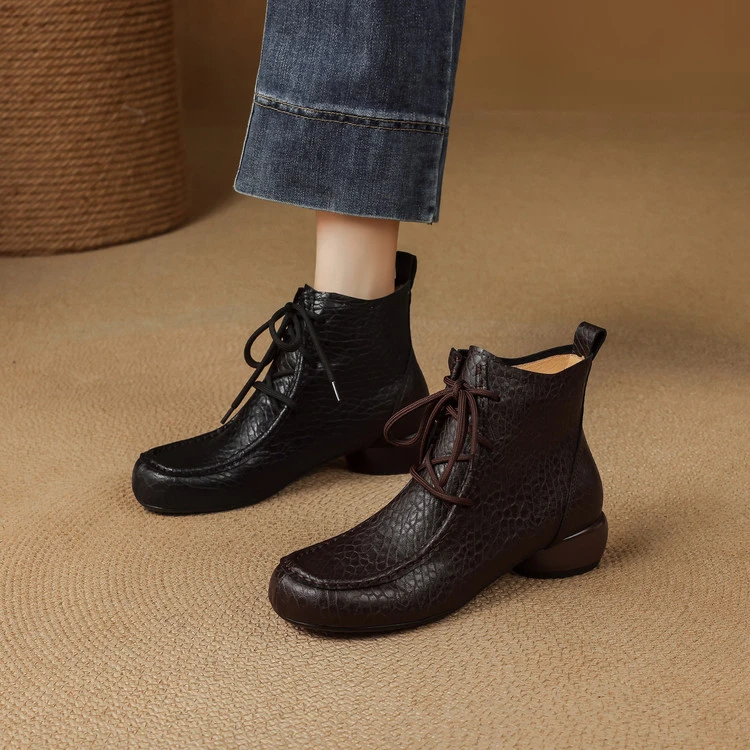 羊皮~3.5cm大圆头装脚舒适系带短靴女奶奶鞋超软户外运动休闲百搭