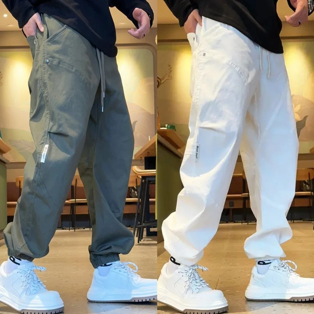 秋季新款美式拼接工装束脚裤男士潮牌拉链口袋宽松百搭哈伦休闲裤