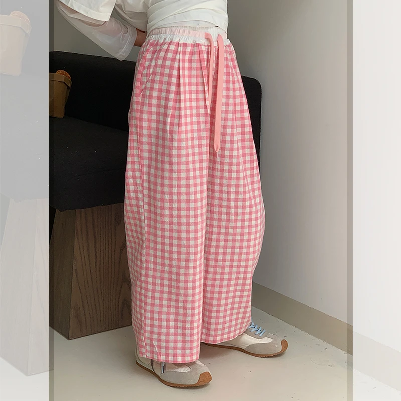 【粉格】西西家女童2025夏季新款格子休闲裤儿童舒适阔腿裤DF15637