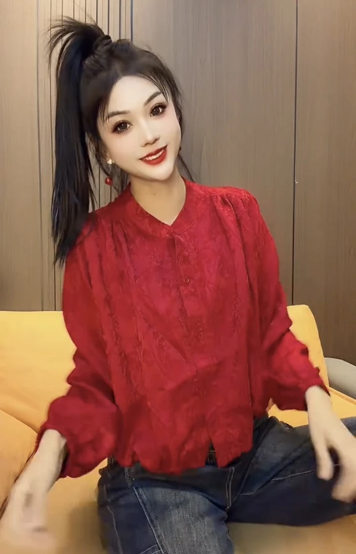 2025新款国风衬衫女时尚洋气宽松显瘦减龄提花立领长袖开衫上衣