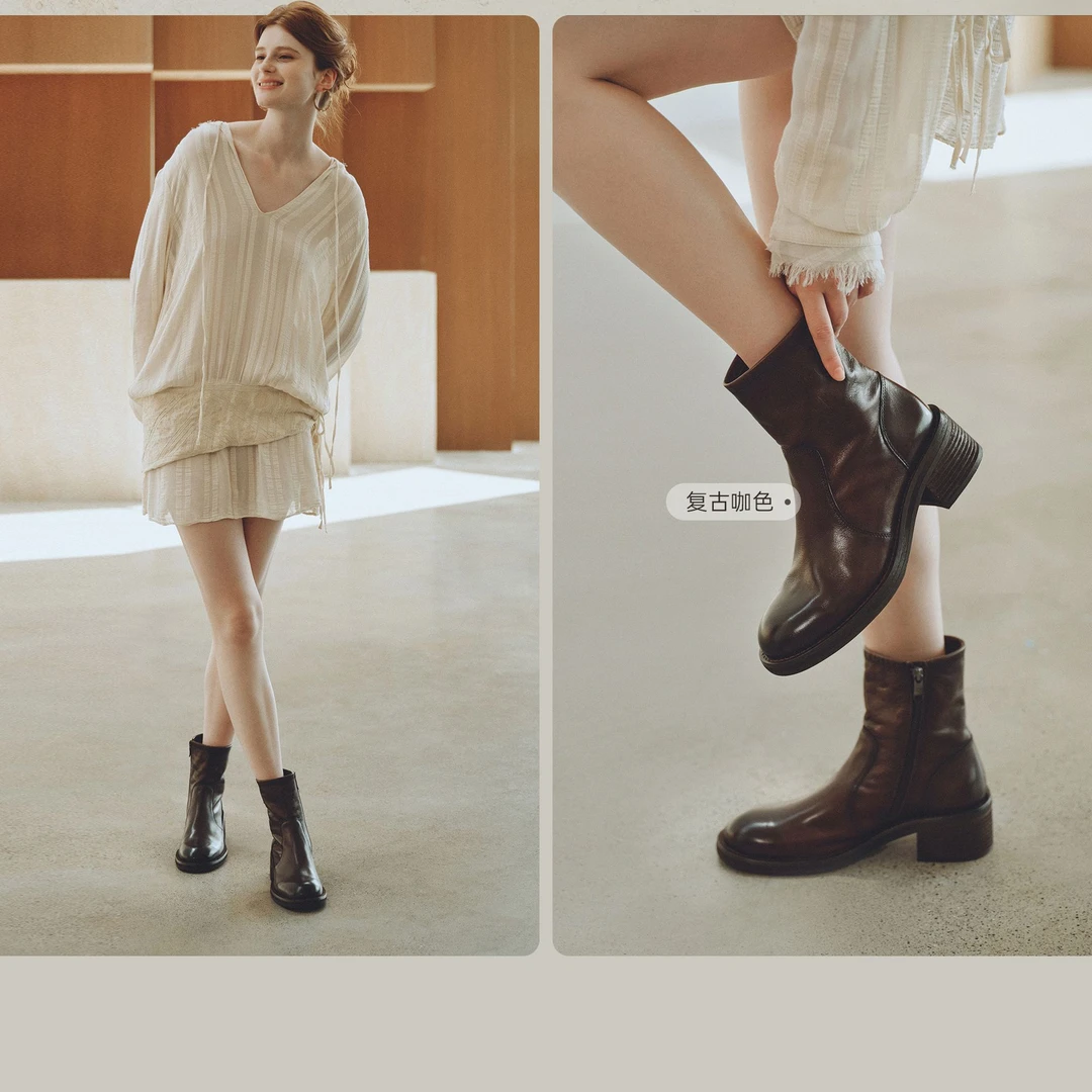 73hours女鞋电影画面2025冬季圆头纯色方跟切尔西靴新款长筒靴