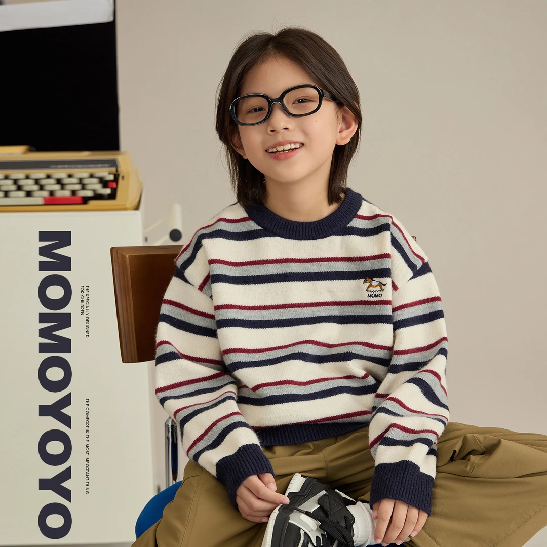 【条纹小马】男童条纹圆领毛衣秋冬保暖儿童套头针织衫9088D