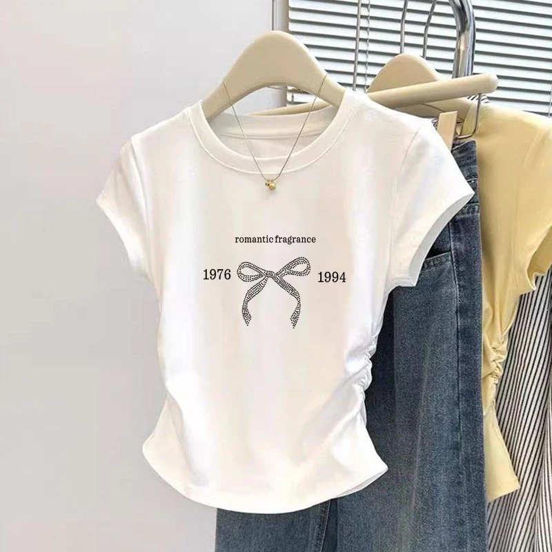 褶皱正肩短袖T恤女时尚百搭洋气减龄修身显瘦收腰上衣2025夏季潮