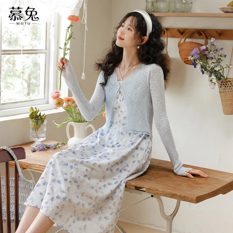 慕兔小清新碎花裙套装女2025夏季新款防晒针织衫吊带连衣裙两件套