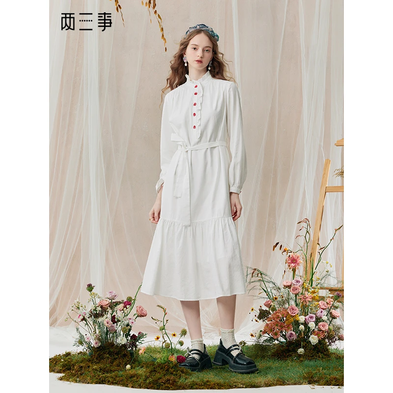 【芋总专属】两三事墨折天光复古木耳边拼接撞色纽扣绑带连衣裙