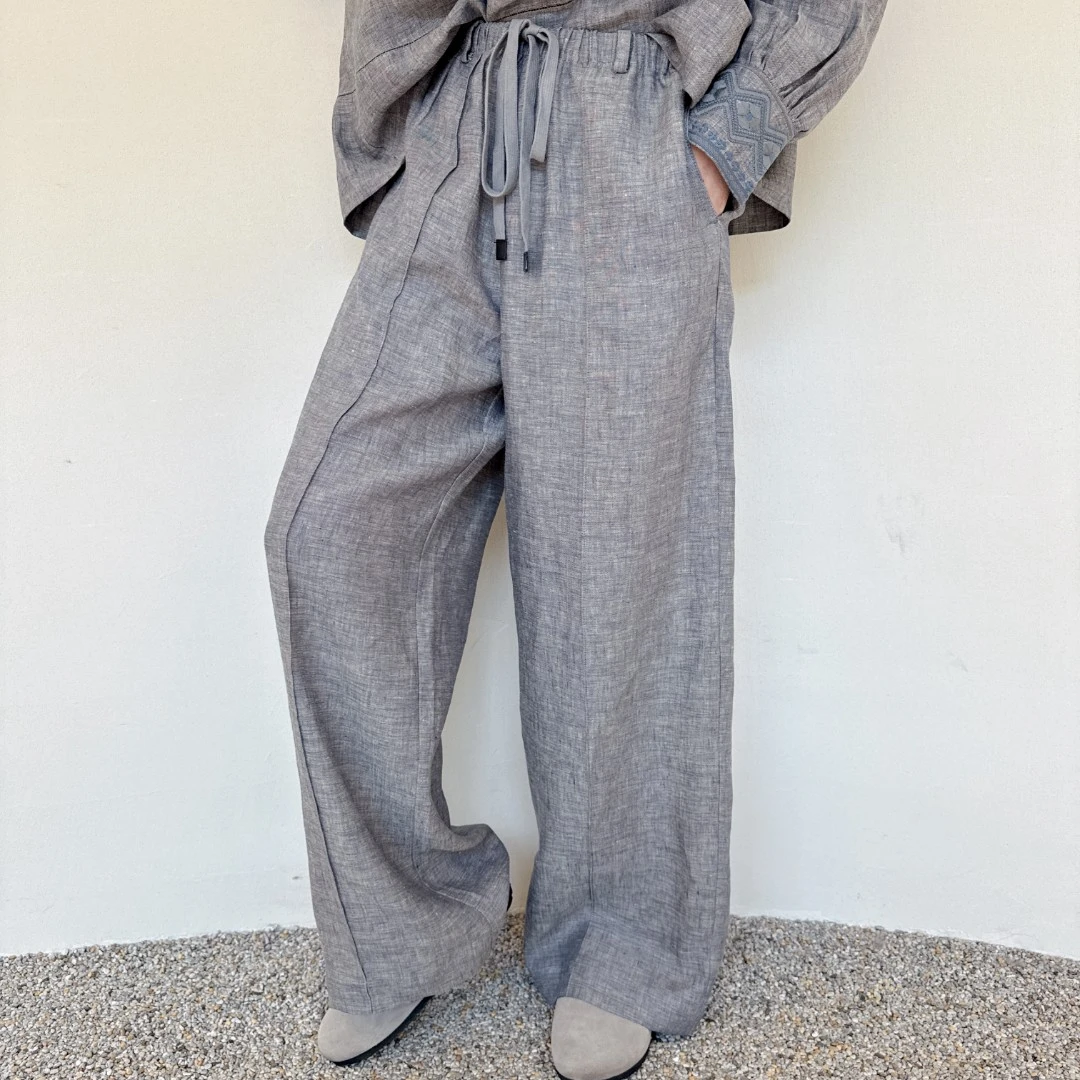 品质女装高端亚麻阔腿裤女立体中缝线花纱感抽绳松紧腰直筒裤夏款