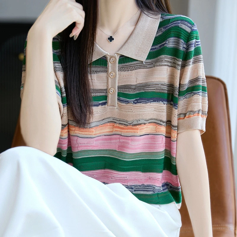 时尚品牌女装2025夏季新款条纹翻领polo衫短袖女宽松显瘦洋气T恤