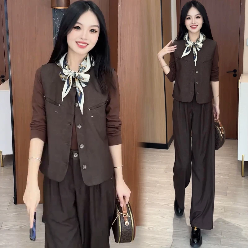 时尚套装女2025秋季新款洋气显瘦马甲上衣打底衫阔腿裤三件套秋冬